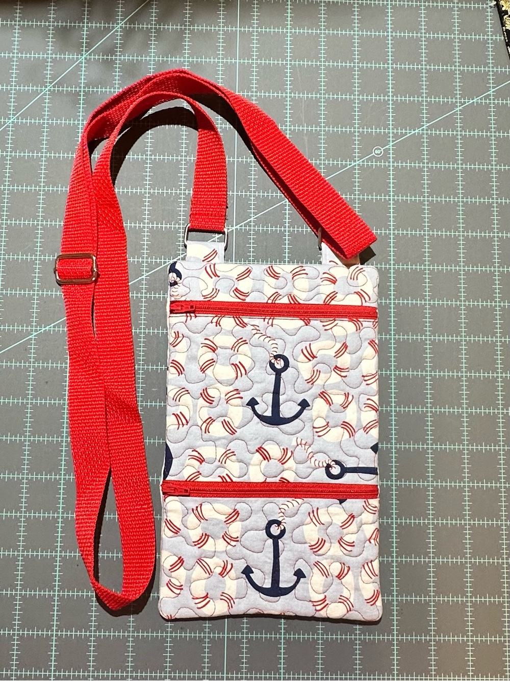 Navy Anchor Quilted Crossbody Bag with Red Strap